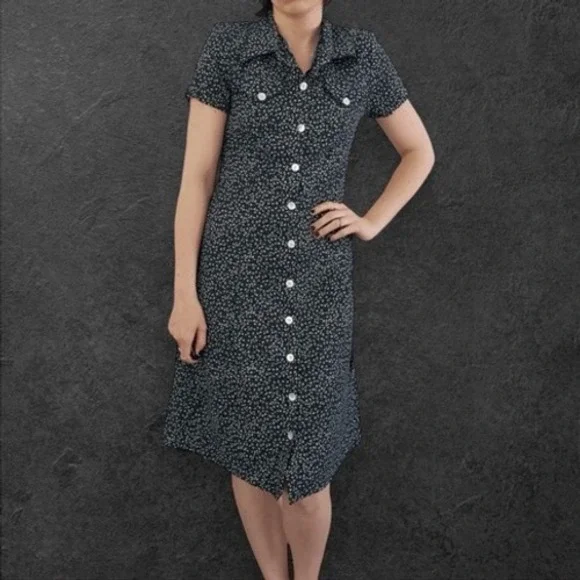 90s Vintage Byer California Womens sz 7 Black Floral Collared Button Midi Dress - Picture 3 of 6